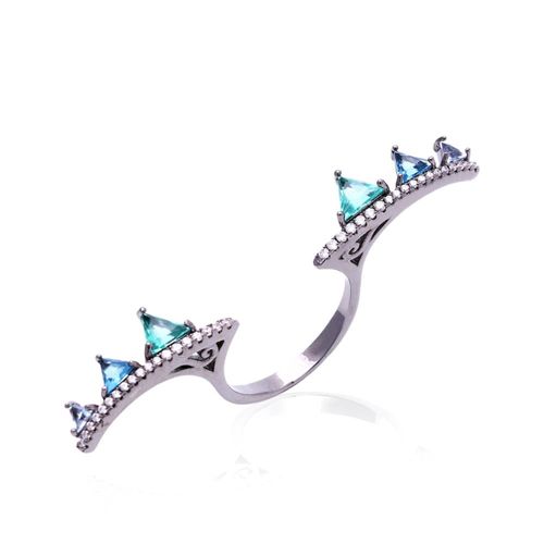 Anel cristal topazio azul cristal paraiba cristal london blue aberto 6 triangulos aro16