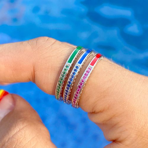 Anel zirconia vermelha zirconia azul escuro zirconia verde aliança fininha trio aro22