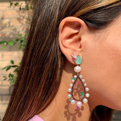 Brinco fusion esmeralda colombiana cristal rubi perola gota vazada com perolas