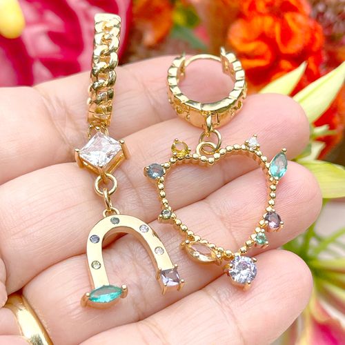 Brinco cristal paraiba cristal ametista zirconia branca argola ferradura + coração (promoção 50%)