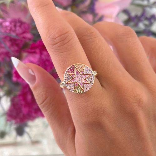 Anel zirconia colorida mandala estrela aro20
