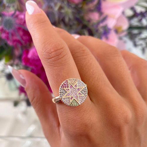 Anel zirconia colorida mandala estrela aro20