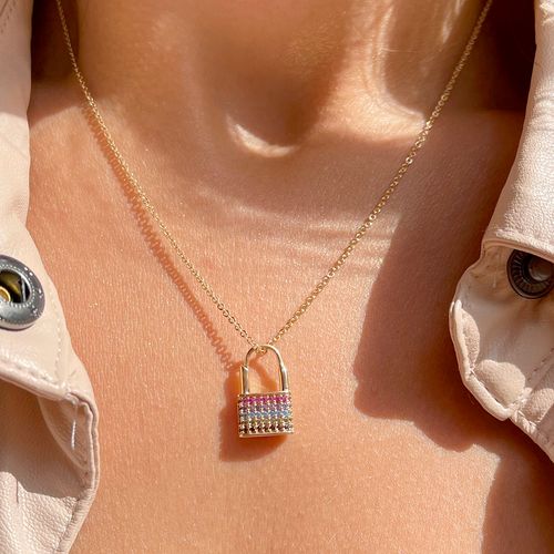 Colar cadeado zircônia colorida banho de ouro 18k