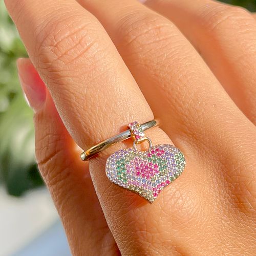 Anel Coração Pendurado Zircônia Colorida Banho de Ouro 18K aro13 (promoção 50%)