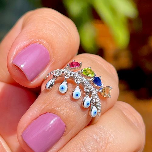 Anel cristal safira gotas olhos pendurados prata 925 aro14