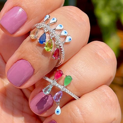 Anel Cristal Esmeralda Gotas com Olho Pendurado Prata 925 aro21