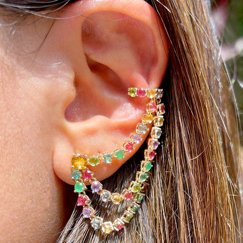 Brinco cristal citrino cristal turmalina rosa cristal esmeralda ear chain inteiro pedras