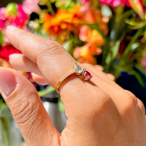 Anel cristal turmalina rosa cristal topazio azul zirconia branca duas gotas aro14