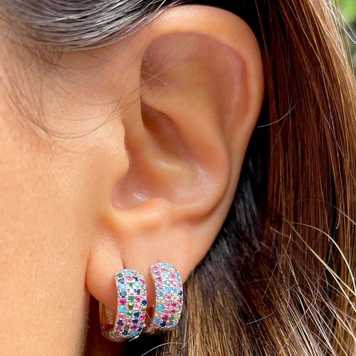 Brinco de argola zircônia colorida 14mm prata 925 14mm