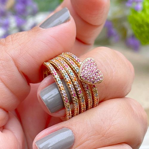 Anel zirconia rosa zirconia colorida multiplo coracão aro12