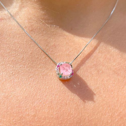 Colar quadrado cravejado fusion turmalina rosa quadrado prata 925 50cm