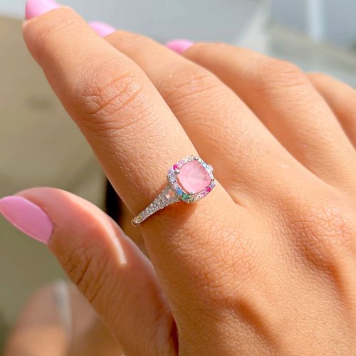 Anel Solitário Quadrado Fusion Turmalina Rosa Prata 925 aro17