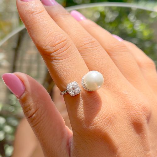 Anel pérola zircônia branca prata 925 aro19