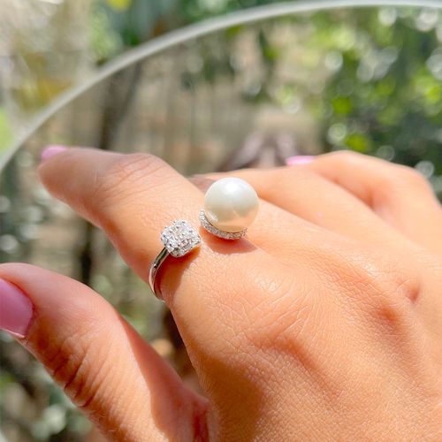 Anel pérola zircônia branca prata 925 aro19