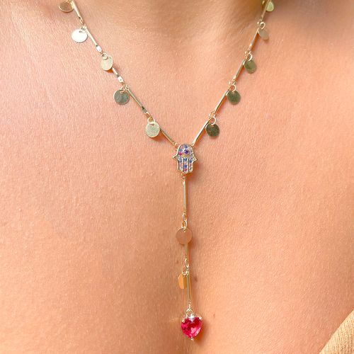 Colar cristal turmalina rosa zirconia colorida inteiro chapinhas c/ mão de ala e coração (promoção 50%) 48cm