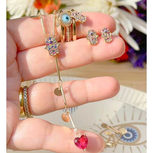 Colar cristal turmalina rosa zirconia colorida inteiro chapinhas c/ mão de ala e coração (promoção 50%) 48cm