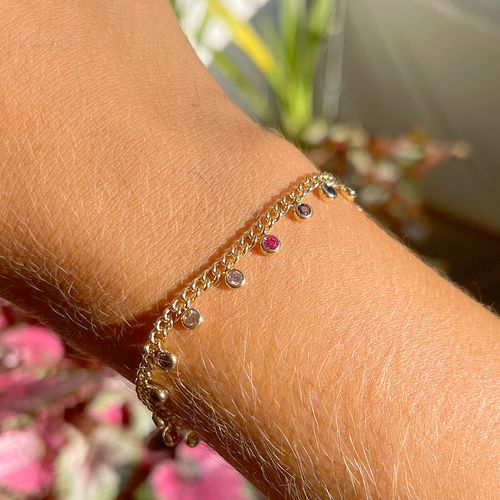 Pulseira cristal safira cristal topazio azul cristal turmalina rosa bolinhas 16cm