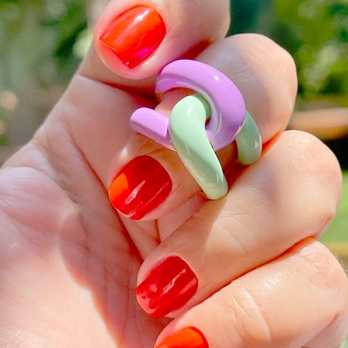Anel esmalte/resina entrelaçado encaixe (roxo/verde) aro18