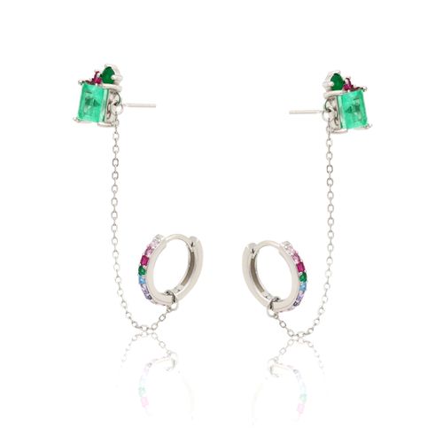 Brinco Ear Chain Fusion Esmeralda Colombiana Quadrado Prata 925