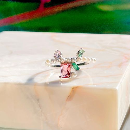 Anel cristal turmalina rosa retinho pérola prata 925 aro14