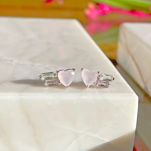 Brinco Cristal Quartzo Rosa Coração Prata 925
