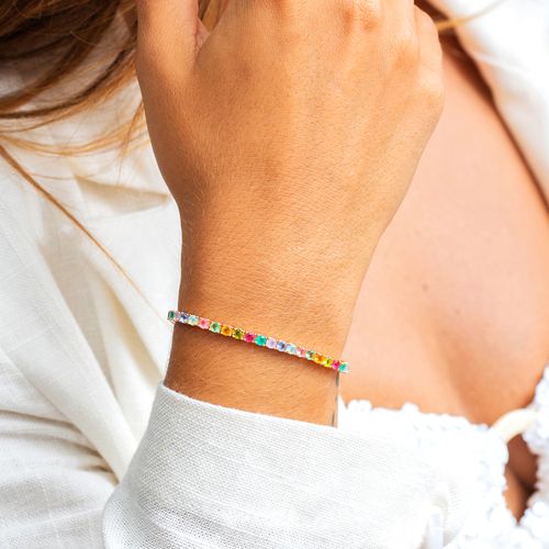 Pulseira Riviera com Cristais de Citrino, Peridoto e Turmalina Rosa - 16cm - Banho de Ouro 18k