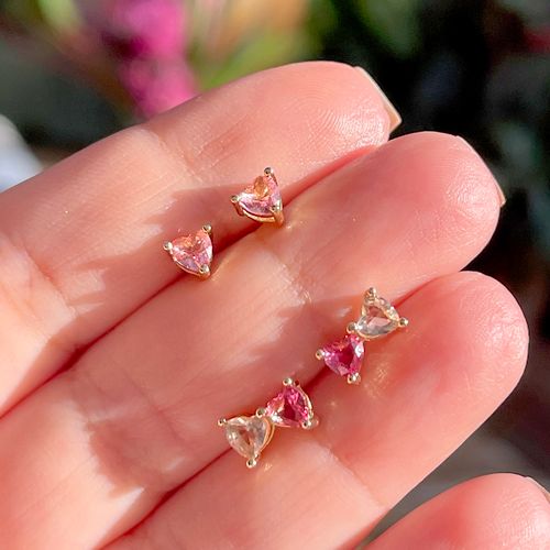 Brinco Cristal Turmalina Rosa Coração Kit C/2 Banho de Ouro 18K
