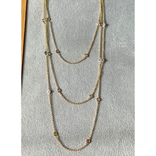 Colar Círculos Cristal Quartzo Rosa Banho de Ouro 18K 53cm