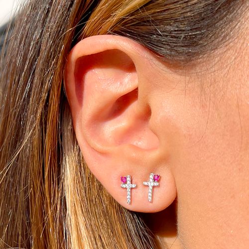 Brinco Cristal Turmalina Rosa Cruz Coração Prata 925