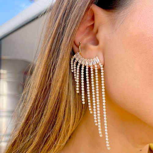 Brinco Ear Cuff Franja Festa Zircônia Branca Banho de Ouro 18K (super promoção)