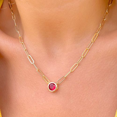 Colar Cristal Rubi Redondo Banho de Ouro 18K 50CM