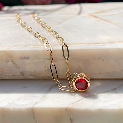 Colar Cristal Rubi Redondo Banho de Ouro 18K 50CM