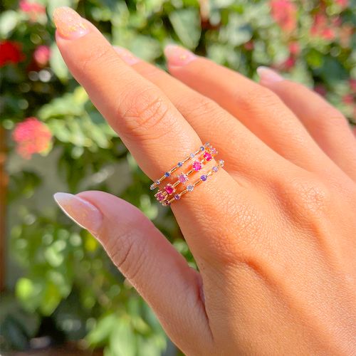 Anel Cravejado Trio Cristal Turmalina Rosa Banho de Ouro 18K aro16