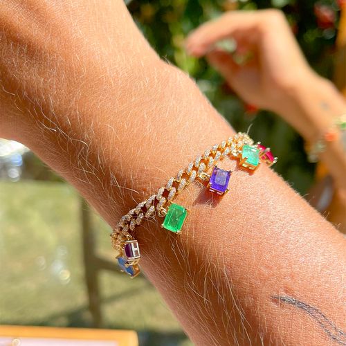 Pulseira Fusion Turmalina Rosa Elos Cravejados Retângulos Banho de Ouro 18K 17cm