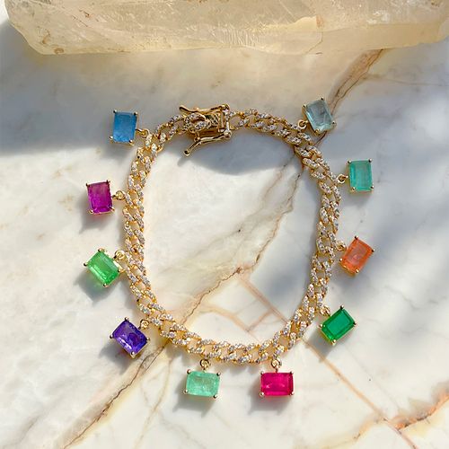 Pulseira Fusion Turmalina Rosa Elos Cravejados Retângulos Banho de Ouro 18K 17cm