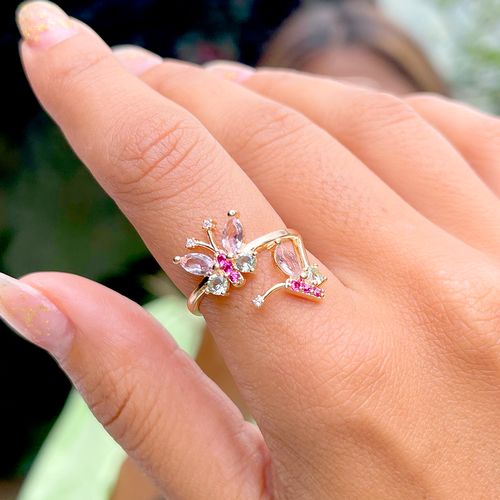 Anel Cristal Ametista verde Borboleta Banho de Ouro 18K aro22