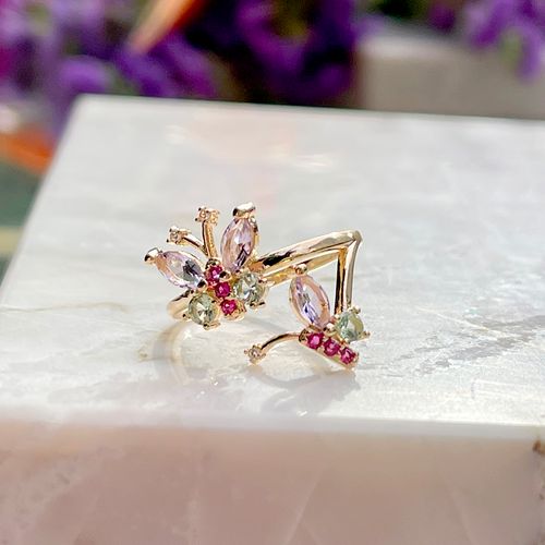 Anel Cristal Ametista verde Borboleta Banho de Ouro 18K aro22
