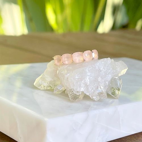 Anel Cristal Morganita Quadrados Banho de Ouro 18K aro19