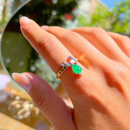 Anel Gota Coroa Fusion Esmeralda Banho de Ouro 18K aro14 (promoção 50%)