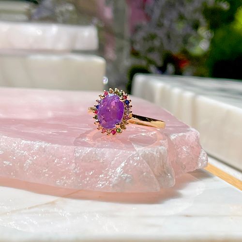 Anel Fusion Ametista Oval Bordado Banho de Ouro 18K  aro16