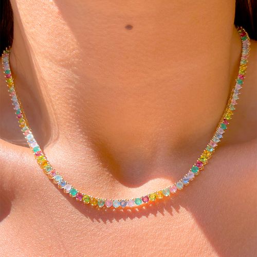 Colar Riviera com Cristais de Citrino, Peridoto e Turmalina Rosa - 42cm - Banho de Ouro 18k