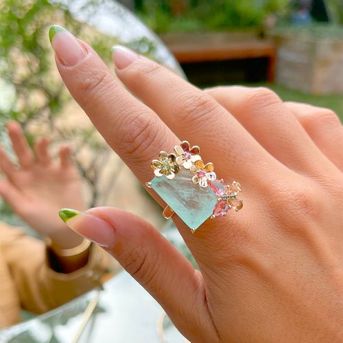 Anel jardim retângulo fusion turmalina light banho de ouro 18k aro 19 (promoção 50%)