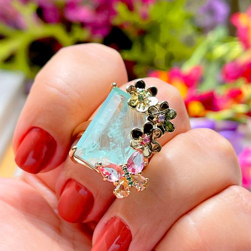 Anel jardim retângulo fusion turmalina light banho de ouro 18k aro 19 (promoção 50%)