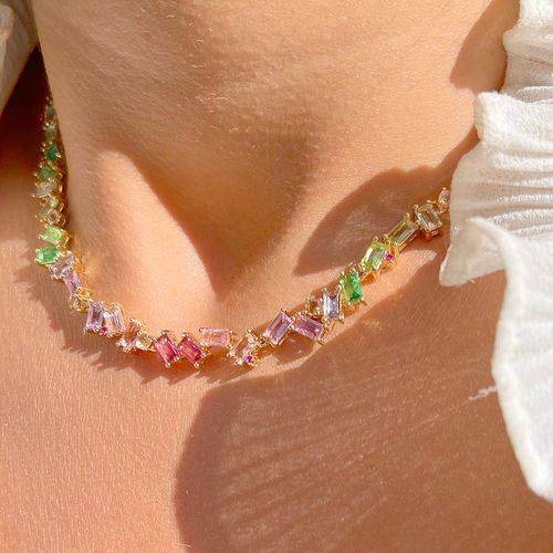 Colar cristal turmalina rosa cristal tanzanita cristal ametista verde inteiro retangulos cravação em garras 43 cm