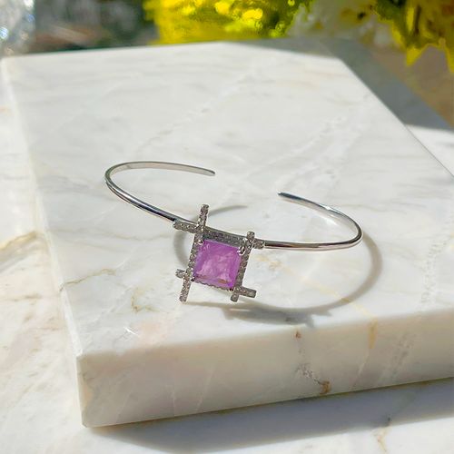 Bracelete fusion ametista quadrado moldura cravado em garras prata 925