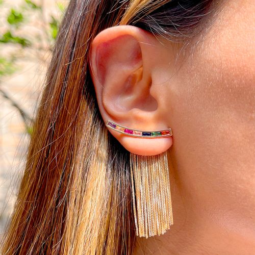 Brinco Cristal Podange Retângulos com Franja Banho de Ouro 18K