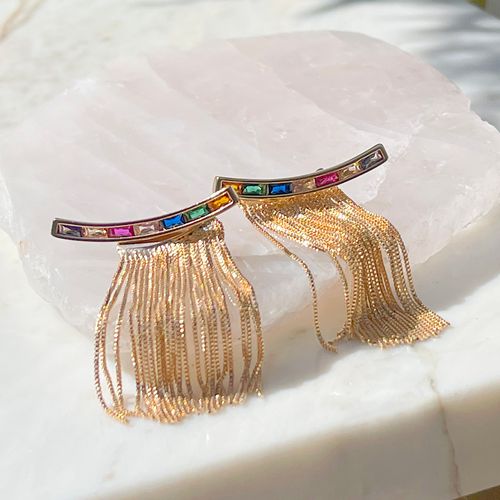 Brinco Cristal Podange Retângulos com Franja Banho de Ouro 18K