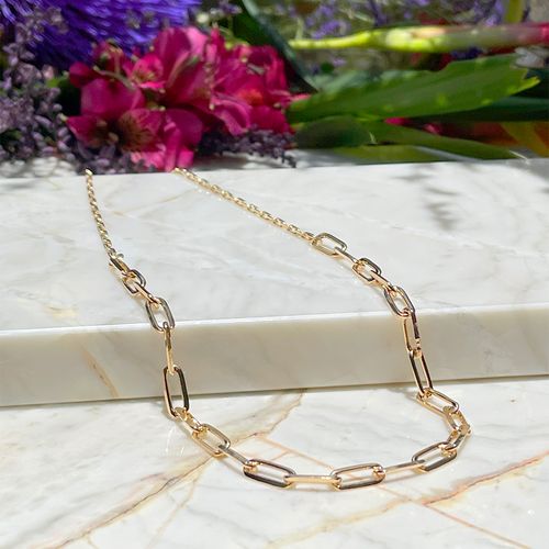 Colar Liso Chocker Elos Retângulos Banho de Ouro 18K 41cm
