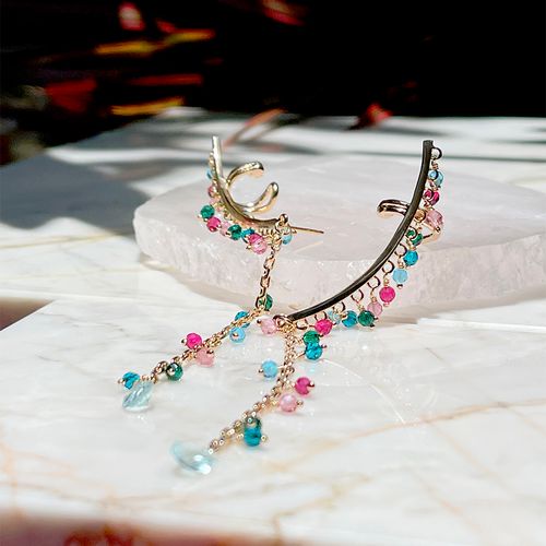Brinco ear cuff pedrinhas cristal turmalina rosa banho de ouro 18k (promoção 50%)