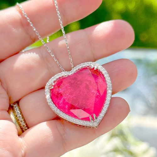 Colar coração grande fusion turmalina rosa zircônia branca 50 cm banho de ródio branco